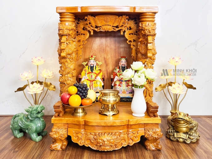 Bàn Thờ Thần Tài Gỗ Gõ Đỏ Cột Chạm Rồng Cao Cấp - BTTT817