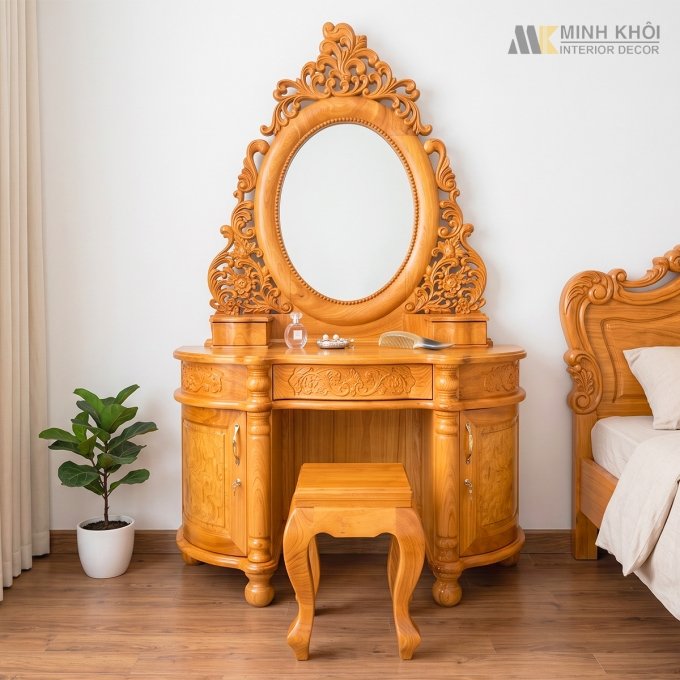 Bàn Trang Điểm Gõ Đỏ Hoàng Gia Tân Cổ Điển - BTD939