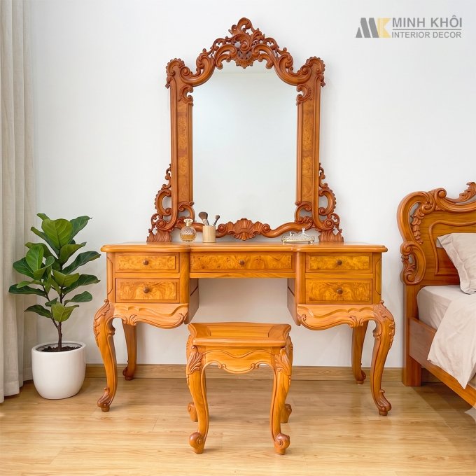 Bàn Trang Điểm Gõ Đỏ Tân Cổ Điển Cẩn Nu - BTD989