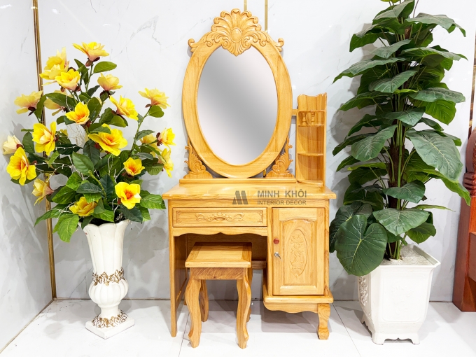 Bàn Trang Điểm Gỗ Gõ Đỏ Gương Oval Cổ Điển - BTD606