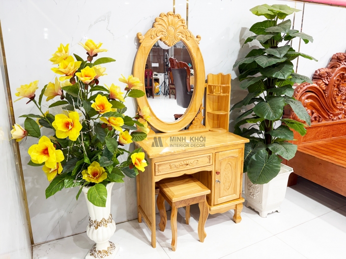 Bàn Trang Điểm Gỗ Gõ Đỏ Gương Oval Cổ Điển - BTD606