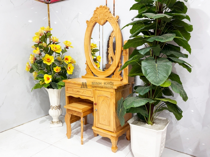 Bàn Trang Điểm Gỗ Gõ Đỏ Gương Oval Cổ Điển - BTD606