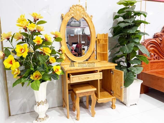 Bàn Trang Điểm Gỗ Gõ Đỏ Gương Oval Cổ Điển - BTD606