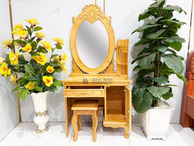 Bàn Trang Điểm Gỗ Gõ Đỏ Gương Oval Cổ Điển - BTD606
