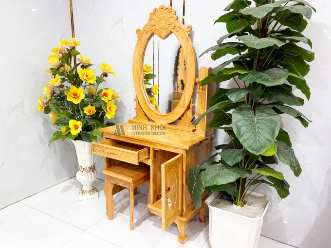 Bàn Trang Điểm Gỗ Gõ Đỏ Gương Oval Cổ Điển - BTD606