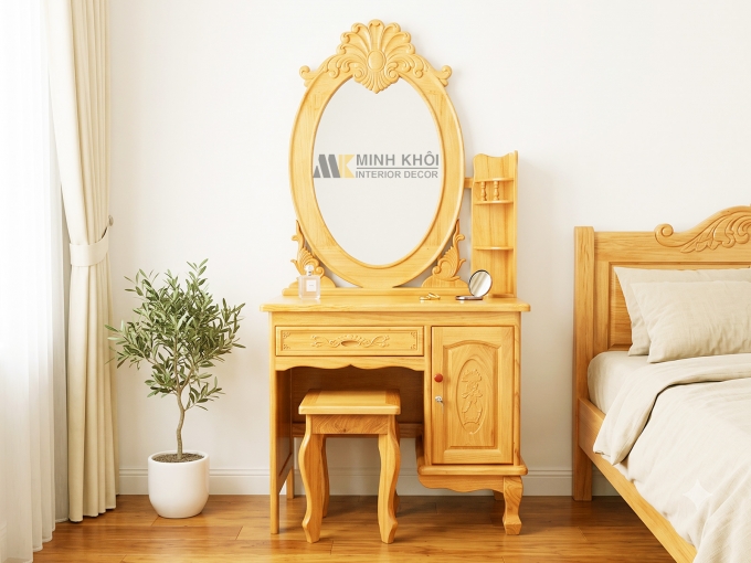 Bàn Trang Điểm Gỗ Gõ Đỏ Gương Oval Cổ Điển - BTD606