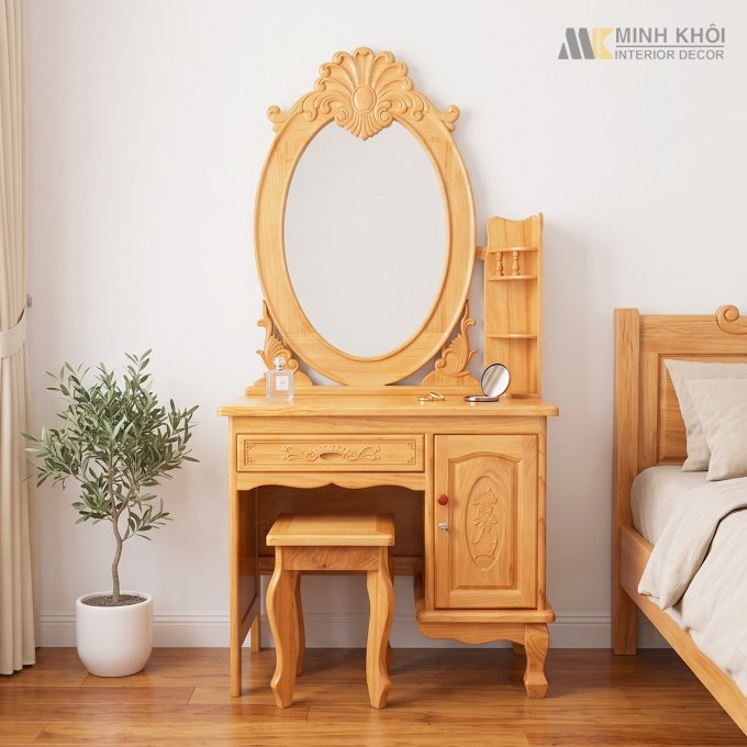 Bàn Trang Điểm Gỗ Gõ Đỏ Gương Oval Cổ Điển - BTD606