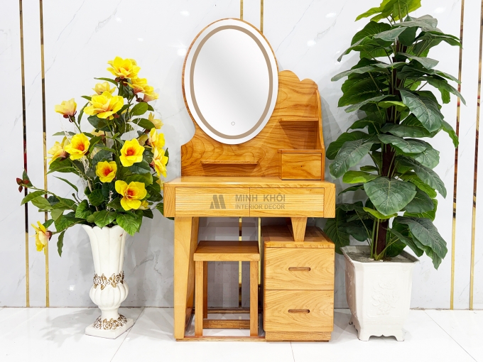 Bàn Trang Điểm Gỗ Gõ Đỏ Gương Oval Có Led - BTD607