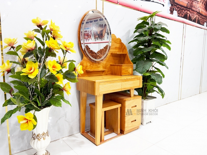 Bàn Trang Điểm Gỗ Gõ Đỏ Gương Oval Có Led - BTD607
