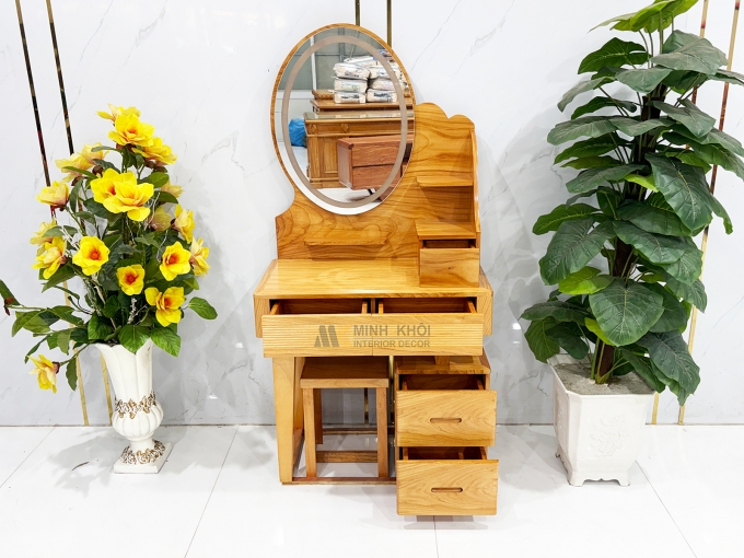 Bàn Trang Điểm Gỗ Gõ Đỏ Gương Oval Có Led - BTD607