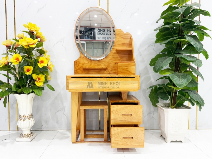 Bàn Trang Điểm Gỗ Gõ Đỏ Gương Oval Có Led - BTD607