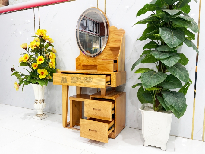 Bàn Trang Điểm Gỗ Gõ Đỏ Gương Oval Có Led - BTD607