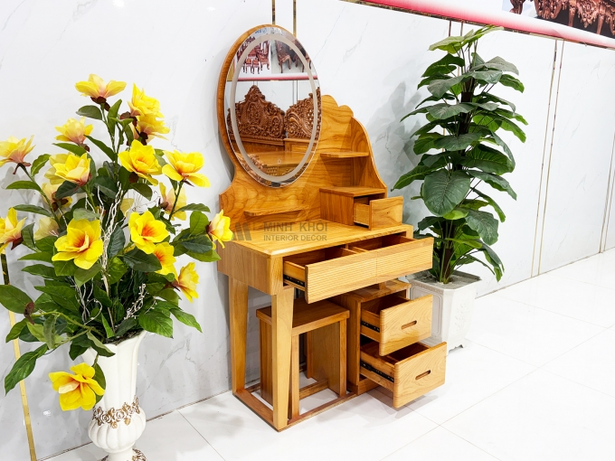 Bàn Trang Điểm Gỗ Gõ Đỏ Gương Oval Có Led - BTD607
