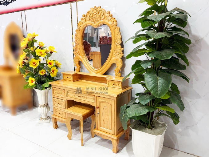 Bàn Trang Điểm Gỗ Gõ Đỏ Gương Trái Tim (Lớn) - BTD604