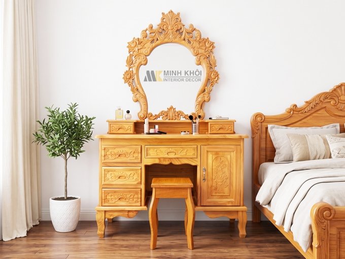 Bàn Trang Điểm Gỗ Gõ Đỏ Hoa Hồng Cao Cấp - BTD613