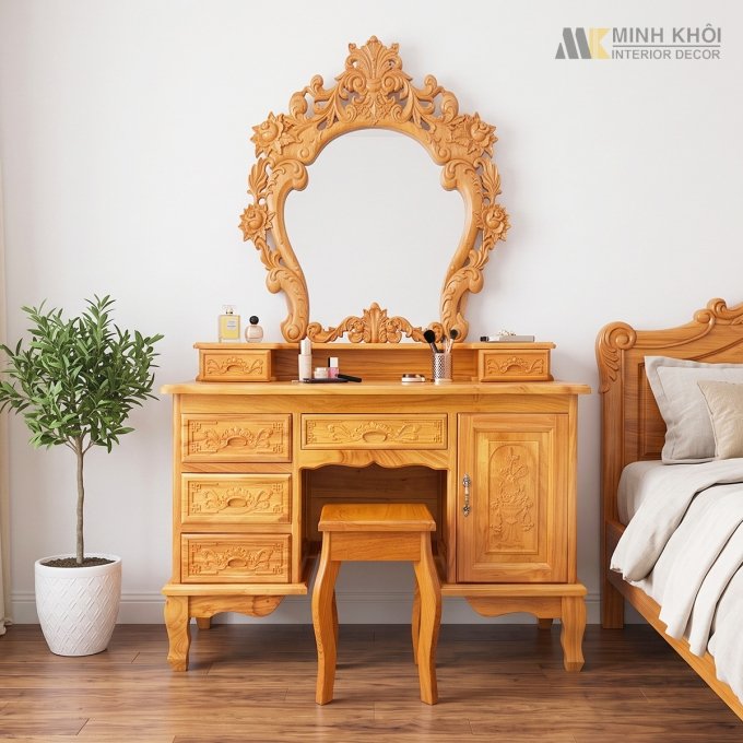 Bàn Trang Điểm Gỗ Gõ Đỏ Hoa Hồng Cao Cấp - BTD613