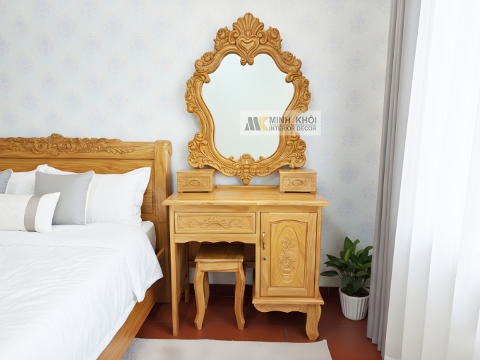 Bàn Trang Điểm Gỗ Gõ Đỏ Hoa Hồng Cổ Điển - BTD609