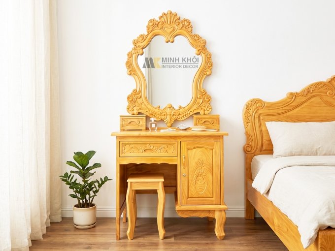 Bàn Trang Điểm Gỗ Gõ Đỏ Hoa Hồng Cổ Điển - BTD609