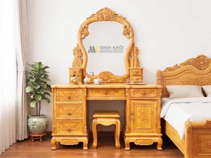 Bàn Trang Điểm Gỗ Gõ Đỏ Hoa Hồng Cổ Điển - BTD615