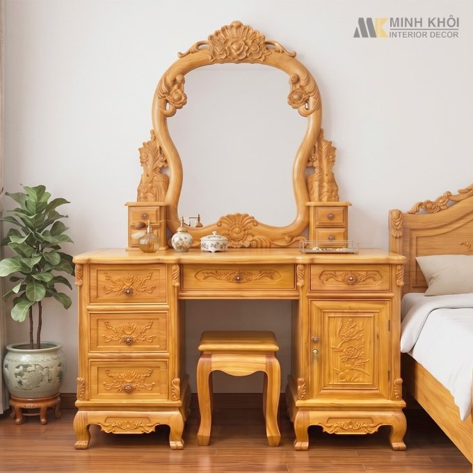 Bàn Trang Điểm Gỗ Gõ Đỏ Hoa Hồng Cổ Điển - BTD615