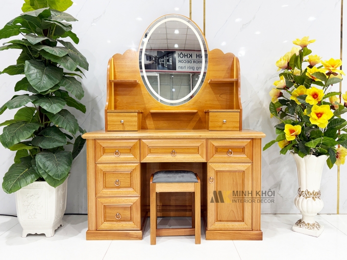 Bàn Trang Điểm Gỗ Gõ Đỏ Oval Led Hiện Đại - BTD612