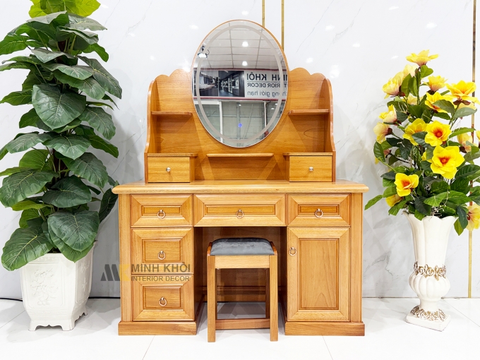 Bàn Trang Điểm Gỗ Gõ Đỏ Oval Led Hiện Đại - BTD612