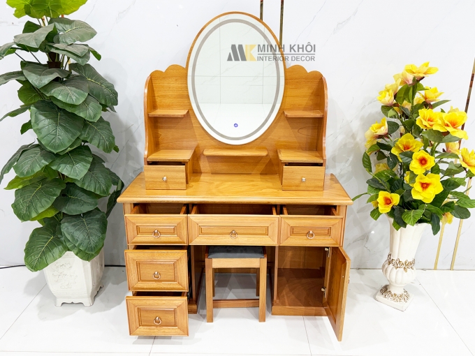 Bàn Trang Điểm Gỗ Gõ Đỏ Oval Led Hiện Đại - BTD612