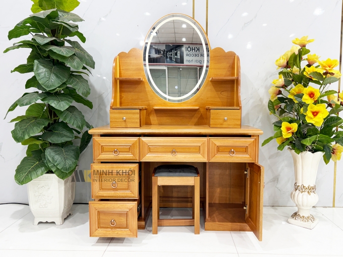 Bàn Trang Điểm Gỗ Gõ Đỏ Oval Led Hiện Đại - BTD612