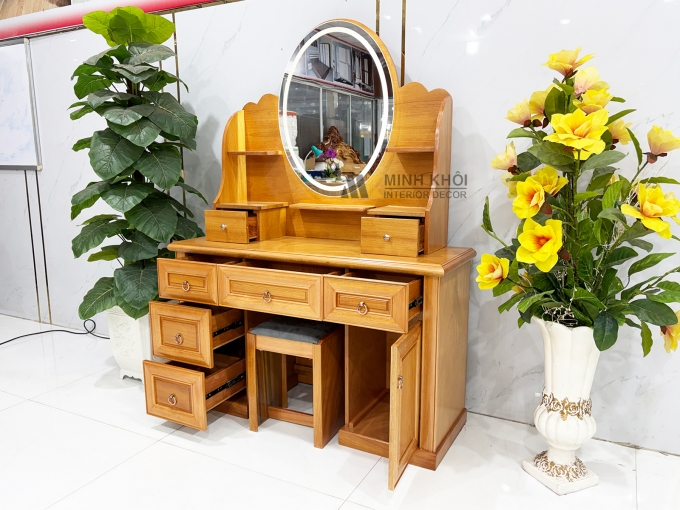 Bàn Trang Điểm Gỗ Gõ Đỏ Oval Led Hiện Đại - BTD612