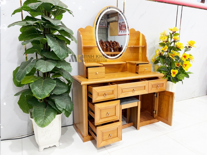 Bàn Trang Điểm Gỗ Gõ Đỏ Oval Led Hiện Đại - BTD612