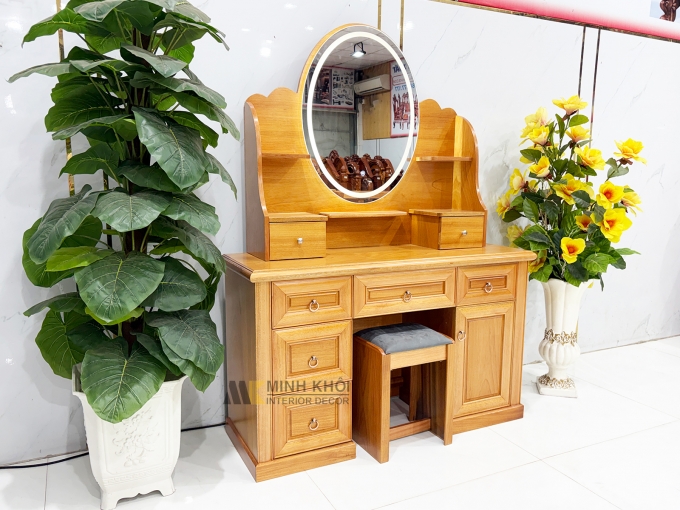 Bàn Trang Điểm Gỗ Gõ Đỏ Oval Led Hiện Đại - BTD612