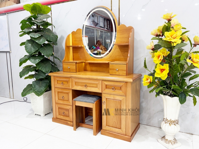 Bàn Trang Điểm Gỗ Gõ Đỏ Oval Led Hiện Đại - BTD612