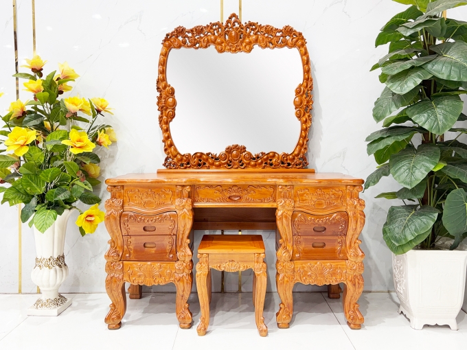 Bàn Trang Điểm Gỗ Gõ Đỏ Tân Cổ Điển Gương Lớn - BTD937