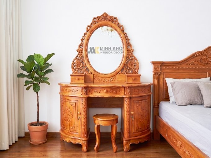 Bàn Trang Điểm Gỗ Hương Đá Cổ Điển Gương Oval - BTD936