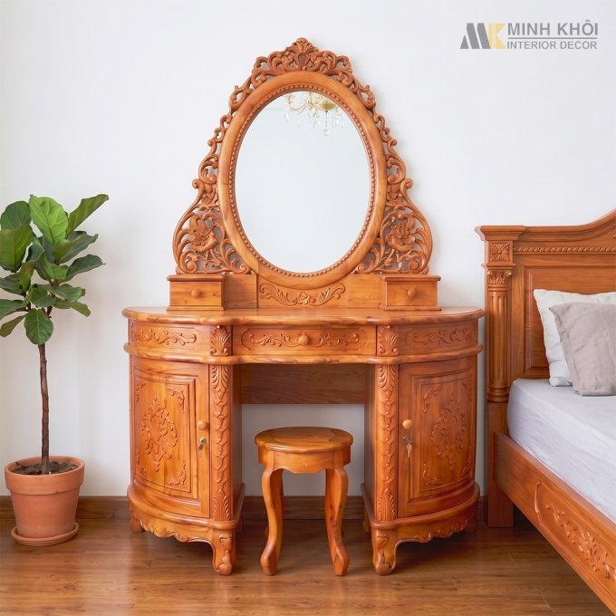 Bàn Trang Điểm Gỗ Hương Đá Cổ Điển Gương Oval - BTD936