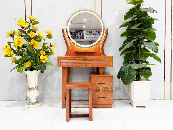 Bàn Trang Điểm Gỗ Hương Đá Gương Tròn Đèn Led - BTD806