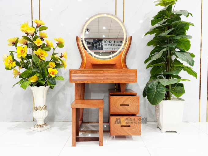 Bàn Trang Điểm Gỗ Hương Đá Gương Tròn Đèn Led - BTD806