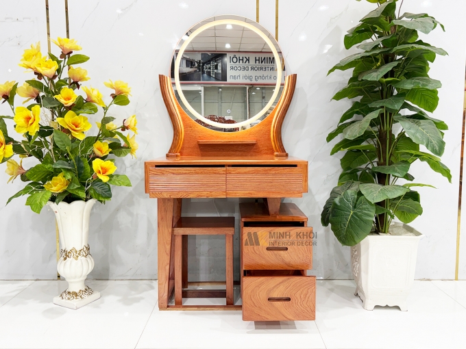 Bàn Trang Điểm Gỗ Hương Đá Gương Tròn Đèn Led - BTD806