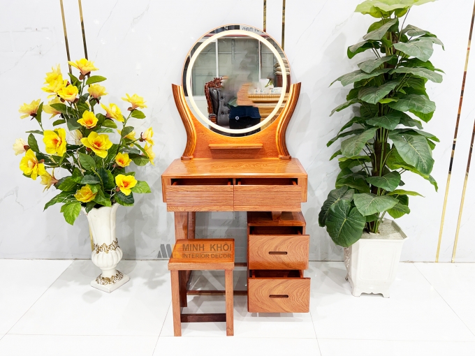 Bàn Trang Điểm Gỗ Hương Đá Gương Tròn Đèn Led - BTD806
