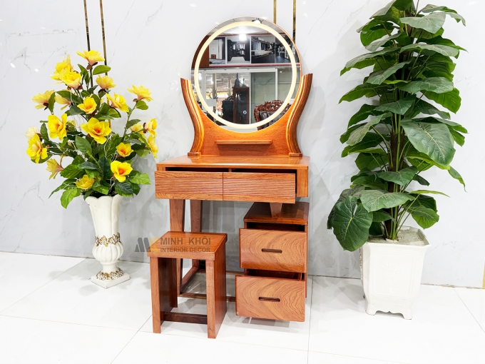 Bàn Trang Điểm Gỗ Hương Đá Gương Tròn Đèn Led - BTD806
