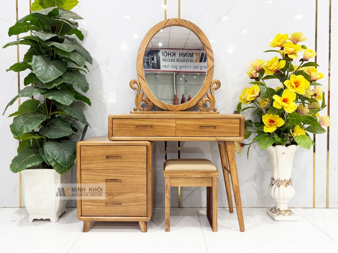 Bàn Trang Điểm Gỗ Hương Xám Gương Oval Hiện Đại - BTD611