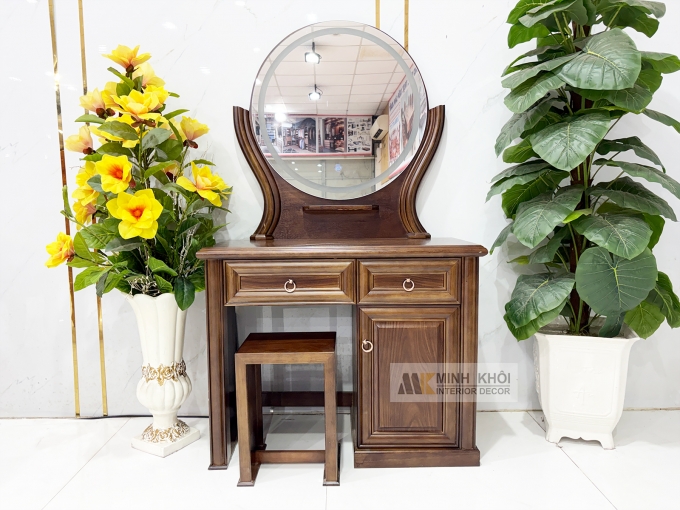 Bàn Trang Điểm Gỗ Sồi Màu Óc Chó Gương Tròn Led - BTD705