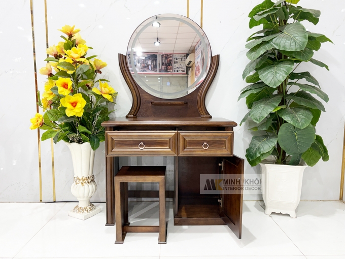 Bàn Trang Điểm Gỗ Sồi Màu Óc Chó Gương Tròn Led - BTD705