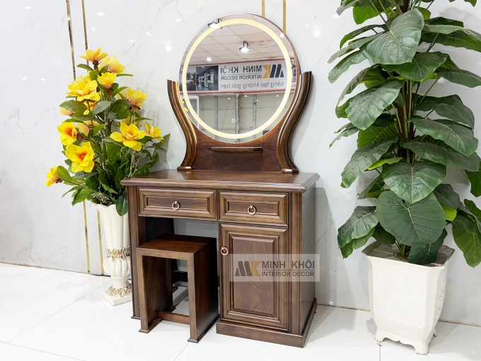 Bàn Trang Điểm Gỗ Sồi Màu Óc Chó Gương Tròn Led - BTD705