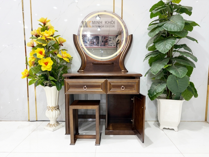 Bàn Trang Điểm Gỗ Sồi Màu Óc Chó Gương Tròn Led - BTD705