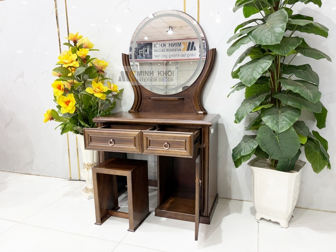 Bàn Trang Điểm Gỗ Sồi Màu Óc Chó Gương Tròn Led - BTD705