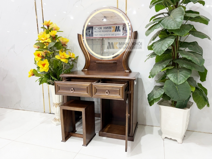 Bàn Trang Điểm Gỗ Sồi Màu Óc Chó Gương Tròn Led - BTD705