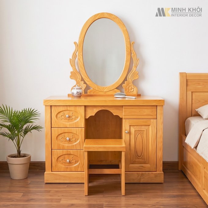 Bàn Trang Điểm Gương Oval Chạm Hoa Lá Tây - BTD1012