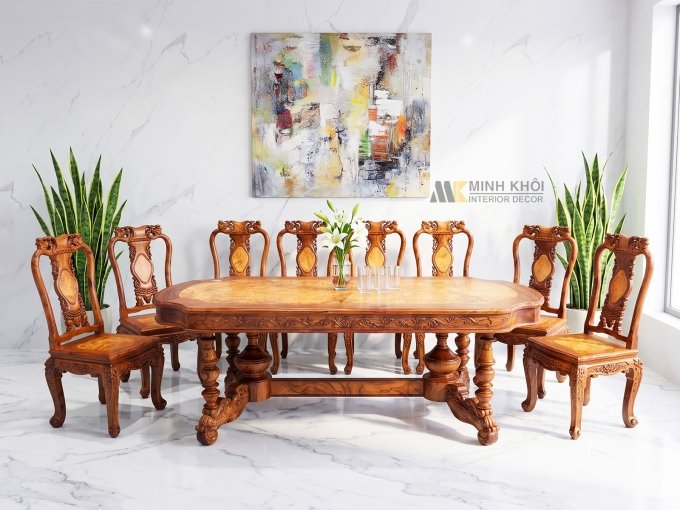 Bộ Bàn Ăn 8 Ghế Gỗ Cẩm Lai Mặt Nu - BA971