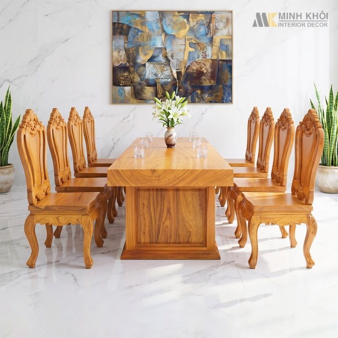 Bộ Bàn Ăn 8 Ghế Gõ Đỏ Nguyên Tấm - BA913